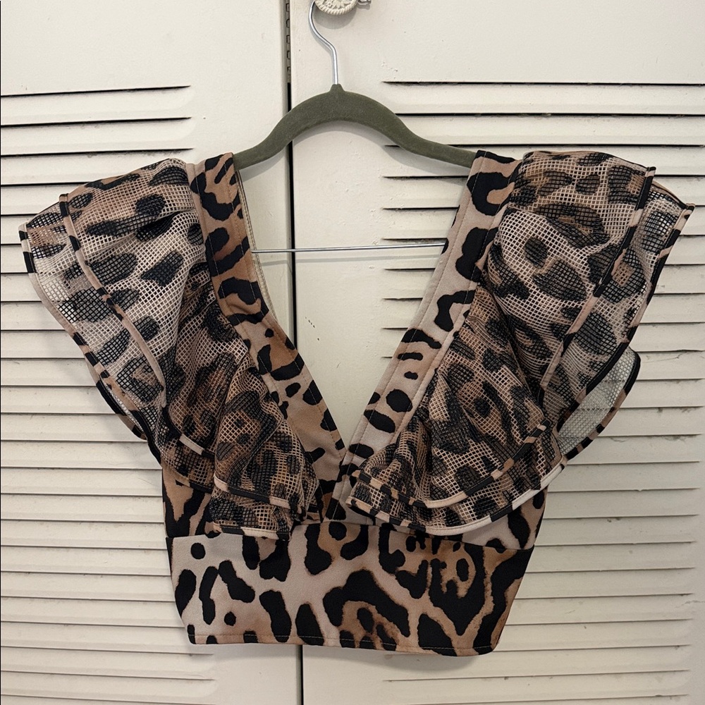 Leopard Print Ruffle Women's Top #036